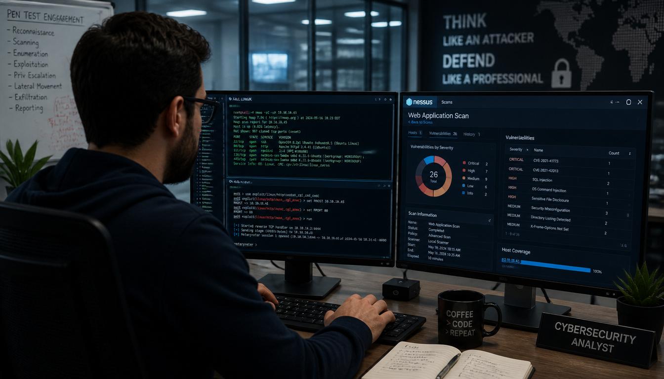A professional cybersecurity analyst working at a dual-monitor workstation running penetration testing tools, terminal windows with code, and network vulnerability scanners in a modern office environment